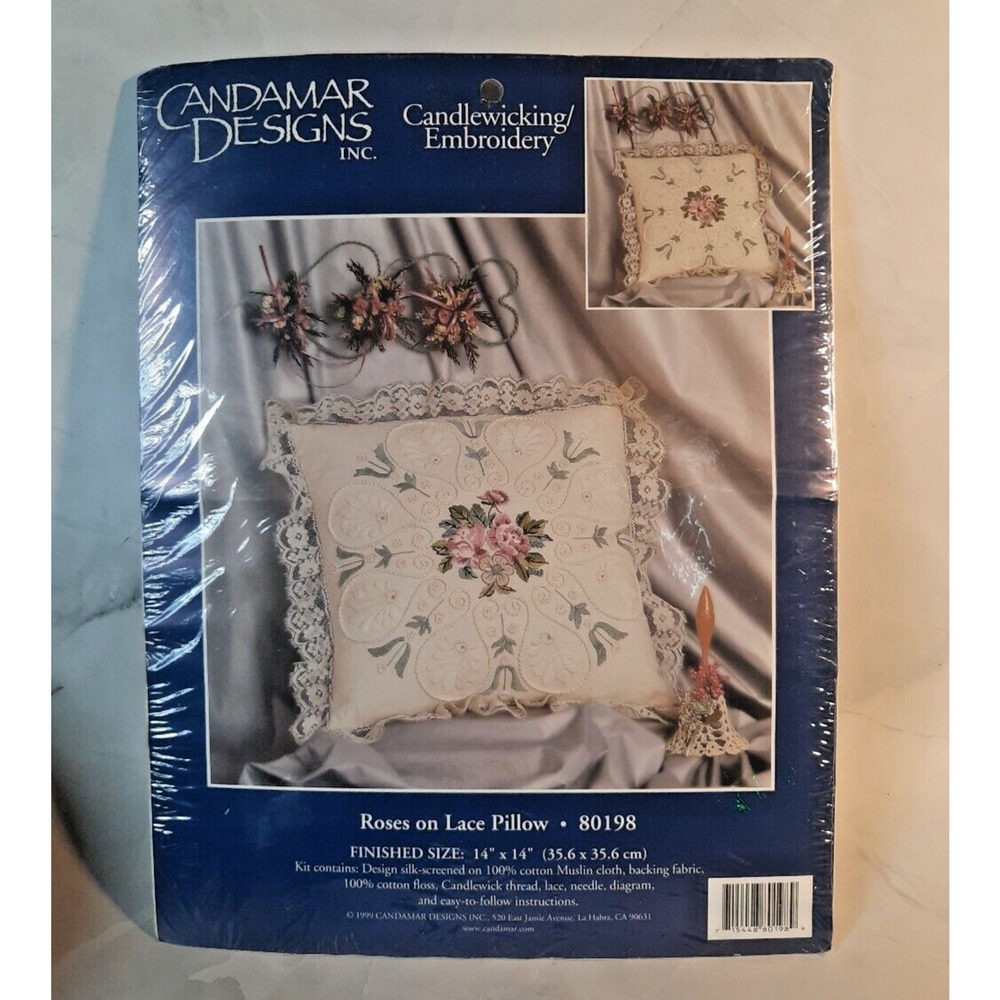 Vintage Candamar Designs Candlewicking Embroidery Kit Roses On Lace Pillow